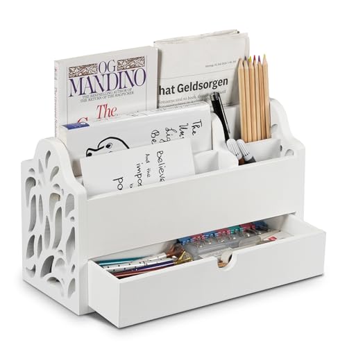 Dhmkfly Desk Organizer with Drawer Wood File Office Mail Organizer Countertop-5 Slot Tabletop Storage Pen Organizer Letter Holder for School Home Office Supplies (White) - Image 1
