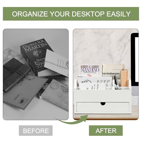 Dhmkfly Desk Organizer with Drawer Wood File Office Mail Organizer Countertop-5 Slot Tabletop Storage Pen Organizer Letter Holder for School Home Office Supplies (White) - Image 5