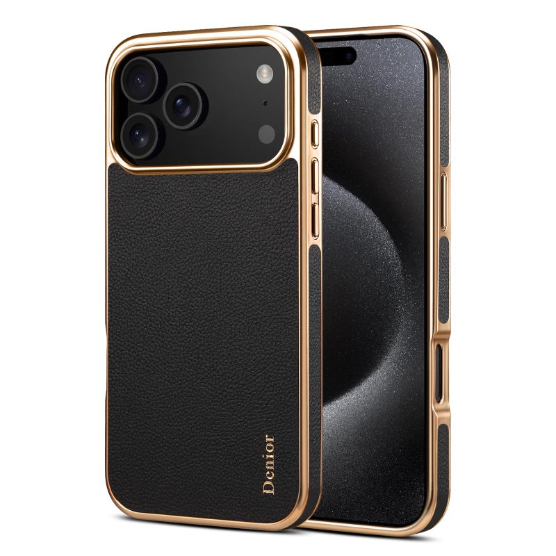 دينيور جراب هاتف من جلد البقر المطلي لهاتف iPhone 17 Pro Max (أسود) - Image 1