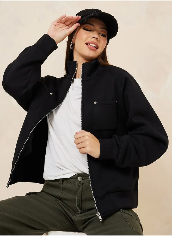 ستايلي Oversized High Neck Button Detail Bomber Jacket