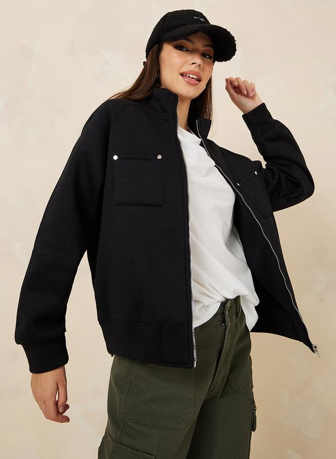 Styli Oversized High Neck Button Detail Bomber Jacket - Image 3