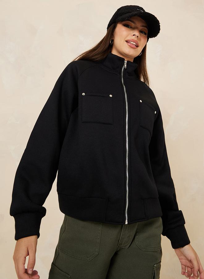 Styli Oversized High Neck Button Detail Bomber Jacket - Image 4