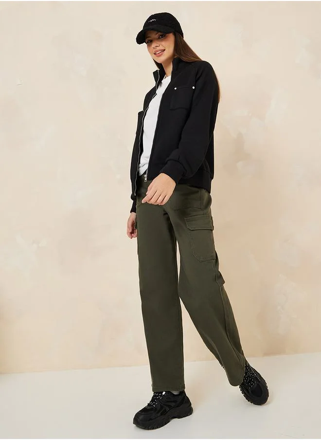 ستايلي Oversized High Neck Button Detail Bomber Jacket