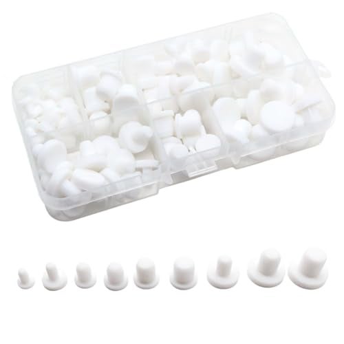 MONEXIO 100 Pcs Silicone Rubber Hole Plugs Set - 9 Sizes T-Type Black Silicone Plugs Caps for Powder Coating, Waterproof Sealing, Pipe/Test Tube Caps - Heat Resistant, Durable, Multi-Purpose (White) - Image 1