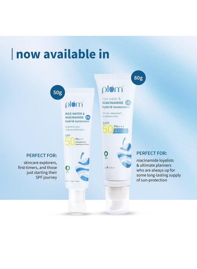 بلوم واقي شمس بلوم 2% نياسيناميد بعامل حماية من أشعة الشمس 50 PA+++ مع ماء الأرز | مقاومة للماء لمدة 4 ساعات | تقليل الاسمرار 3 مرات وتفتيح البشرة | بدون طبقة بيضاء، خفيف الوزن، غير لزج | تم اختباره من قبل أطباء الجلدية | للنساء والرجال | نباتي بنسبة 100% | 80 جم - Image 2