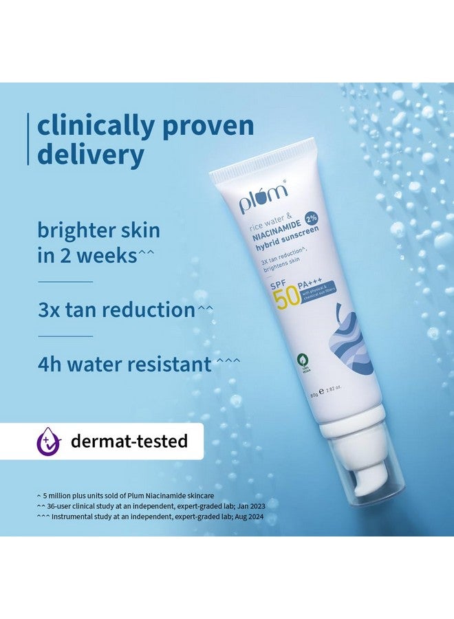 بلوم واقي شمس بلوم 2% نياسيناميد بعامل حماية من أشعة الشمس 50 PA+++ مع ماء الأرز | مقاومة للماء لمدة 4 ساعات | تقليل الاسمرار 3 مرات وتفتيح البشرة | بدون طبقة بيضاء، خفيف الوزن، غير لزج | تم اختباره من قبل أطباء الجلدية | للنساء والرجال | نباتي بنسبة 100% | 80 جم - Image 3
