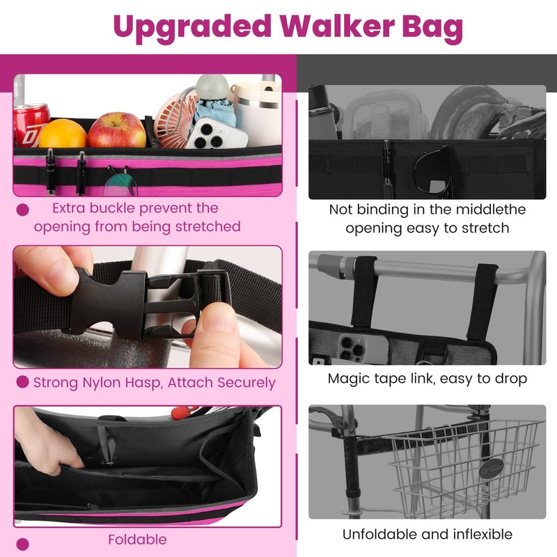 ZHCHG Walker Basket for Seniors, Walker Accessories, Folding Walker Bag with Large Capacity & Never Tipping Over, Best Gift- Gray (Not Fit Rollator Walkers) -Pink - Image 3