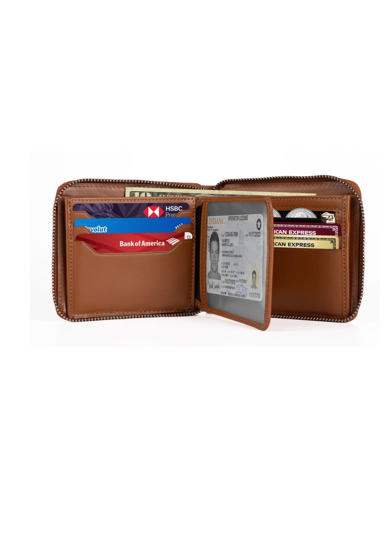 SKENZBI - Zipper Wallet for Men Genuine Leather Bifold  Multi Card Holder Rfid Protected Tan - Image 1