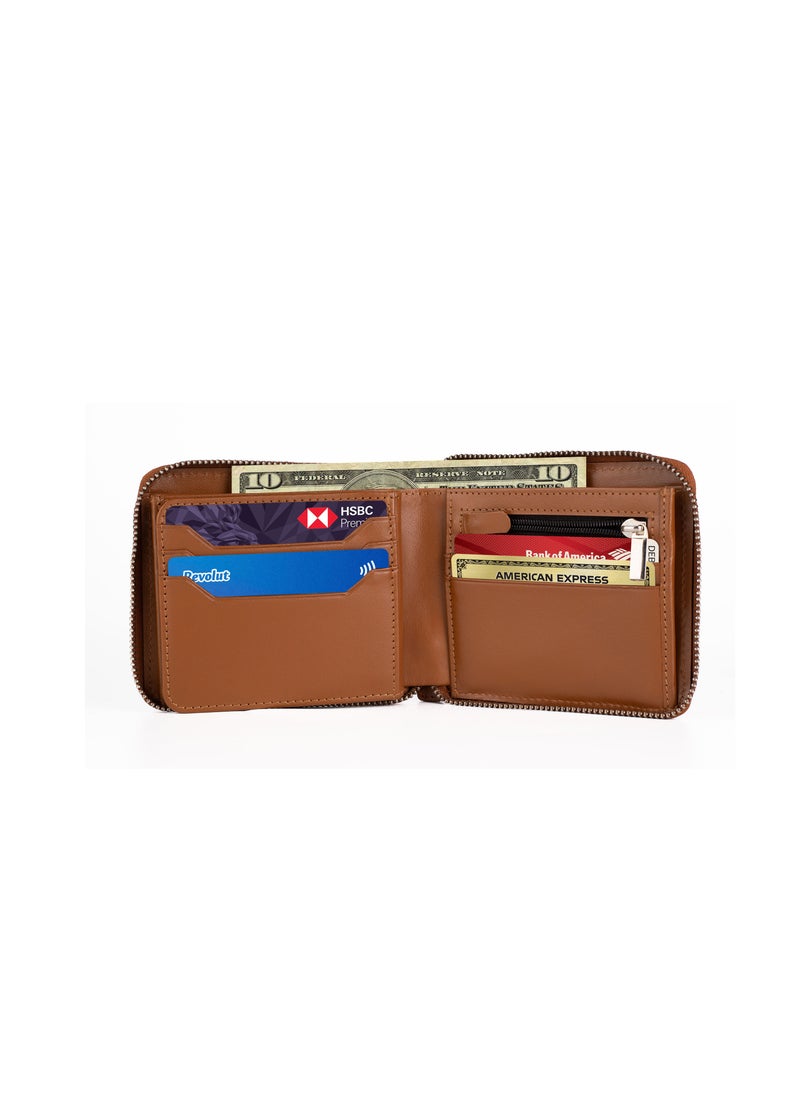 SKENZBI - Zipper Wallet for Men Genuine Leather Bifold  Multi Card Holder Rfid Protected Tan - Image 1