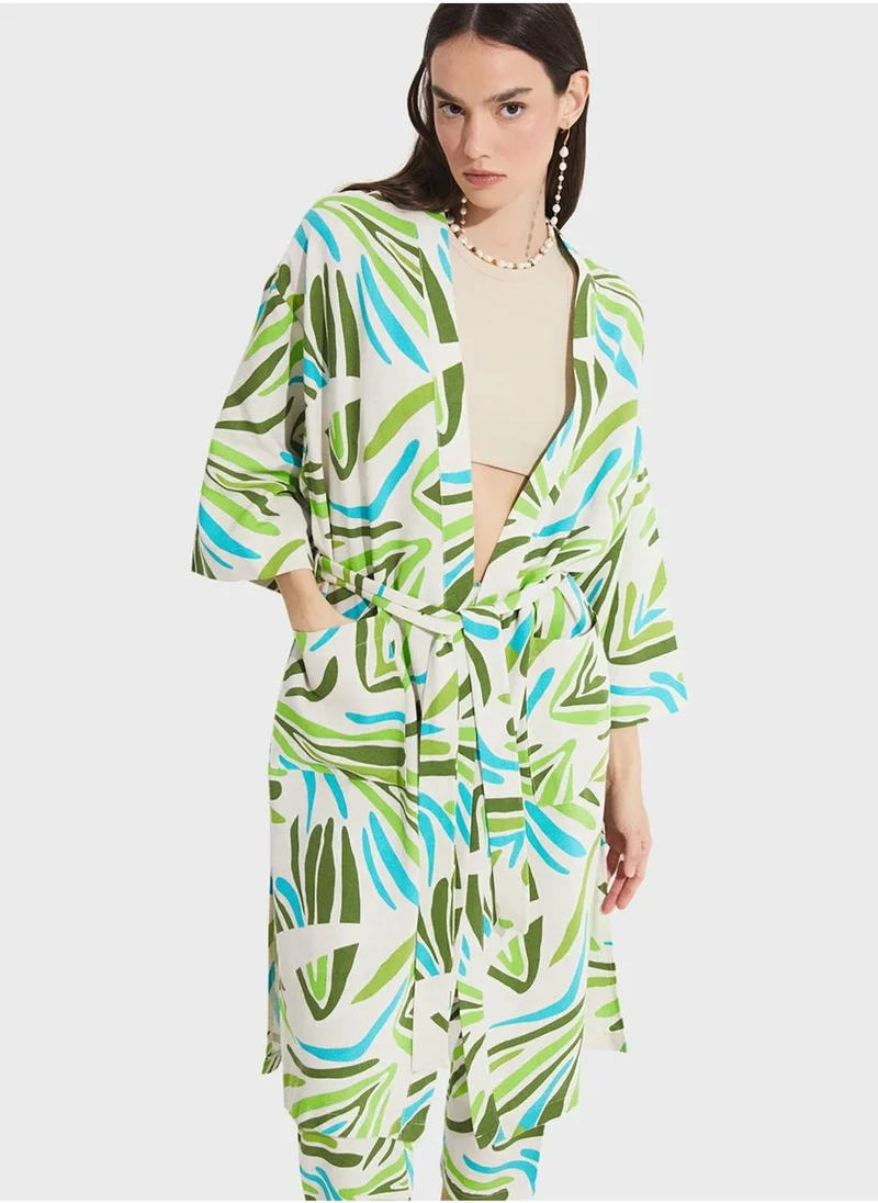 جون Printed Tie Detail Kimono