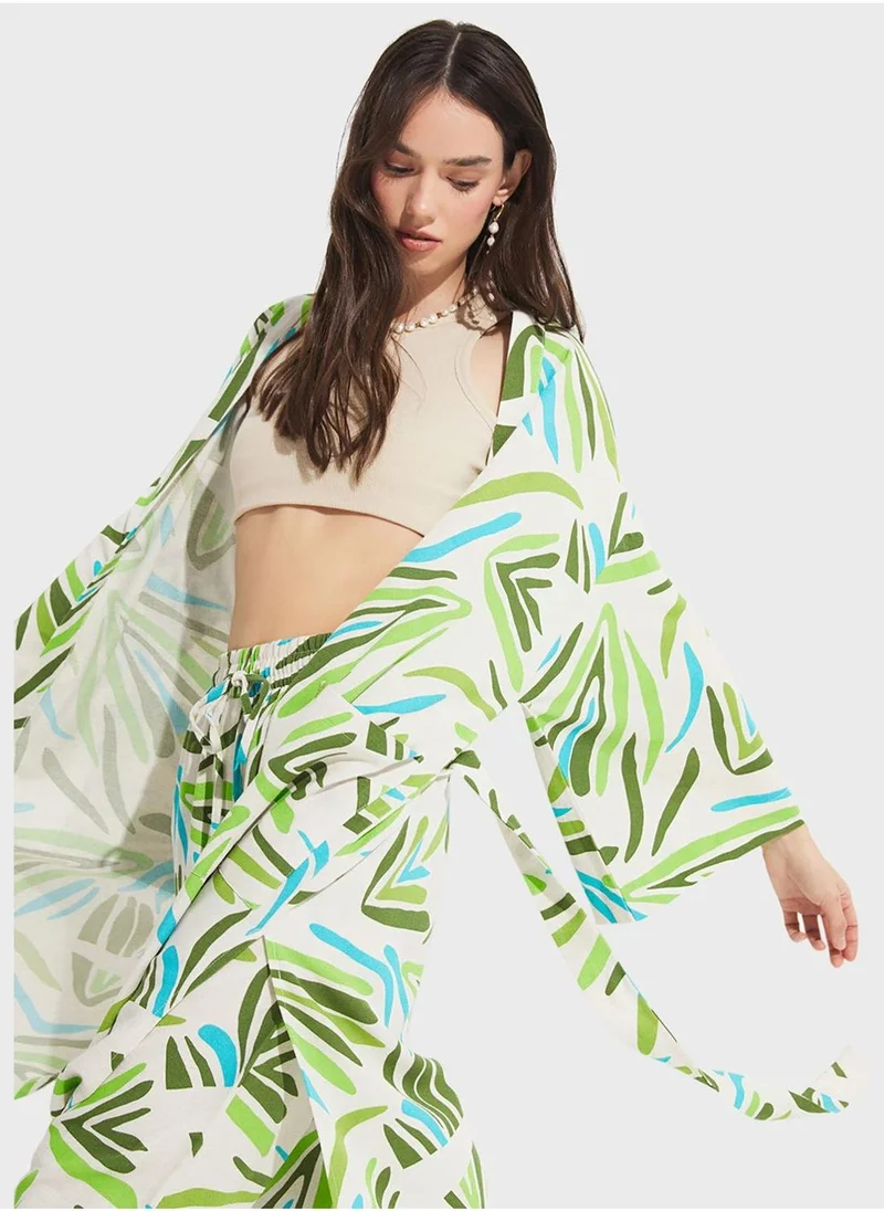 جون Printed Tie Detail Kimono