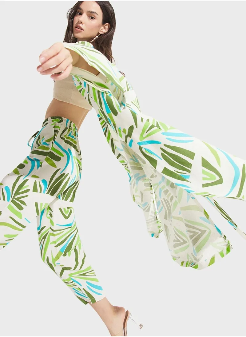 جون Printed Tie Detail Kimono
