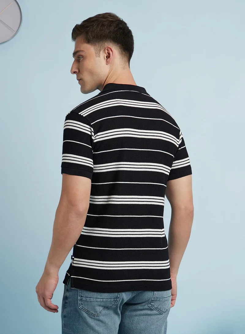 Dennis Lingo Men's Black And Off White Cotton Blend Striped Regular Fit T-Shirt