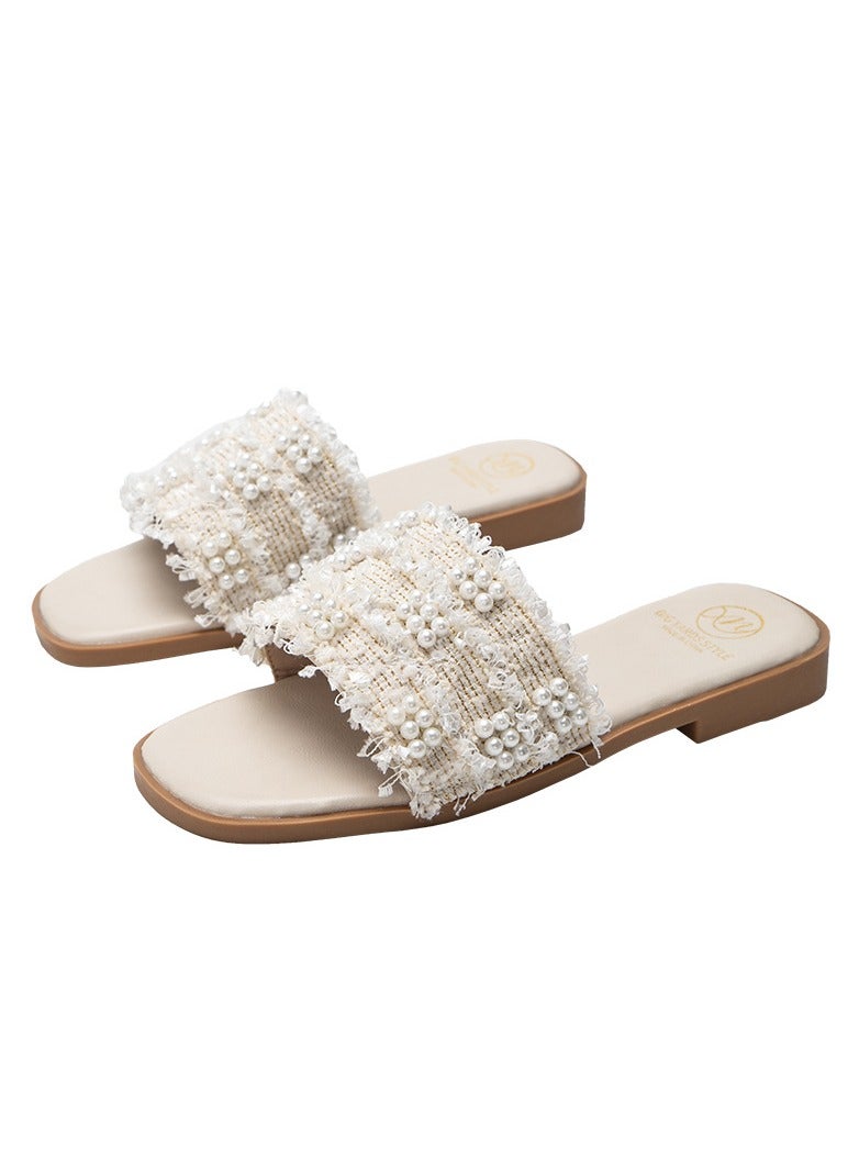 KUYING Summer Fragrant Cool Slippers for Women Wearing Flat Bottom Slippers 