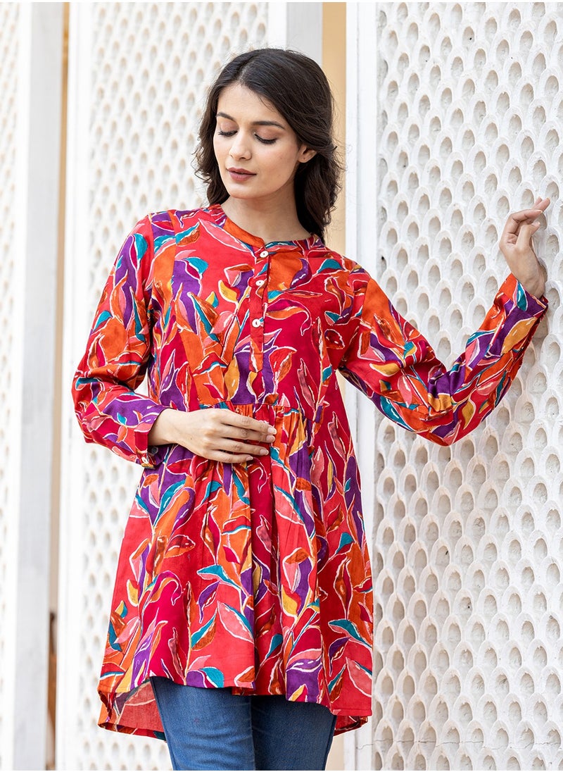 Swadesh Souq بلوزة قطنية مطبوعة بتصميم الأزهار الحمراء  - Image 3