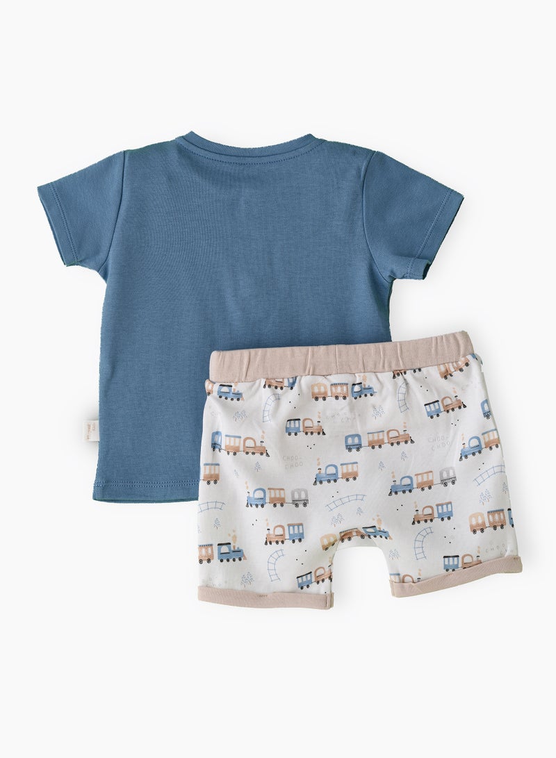 Elegant Kids Boys' Blue Choo Choo Train Embroidered Cotton T-Shirt & Shorts Set  - Image 2