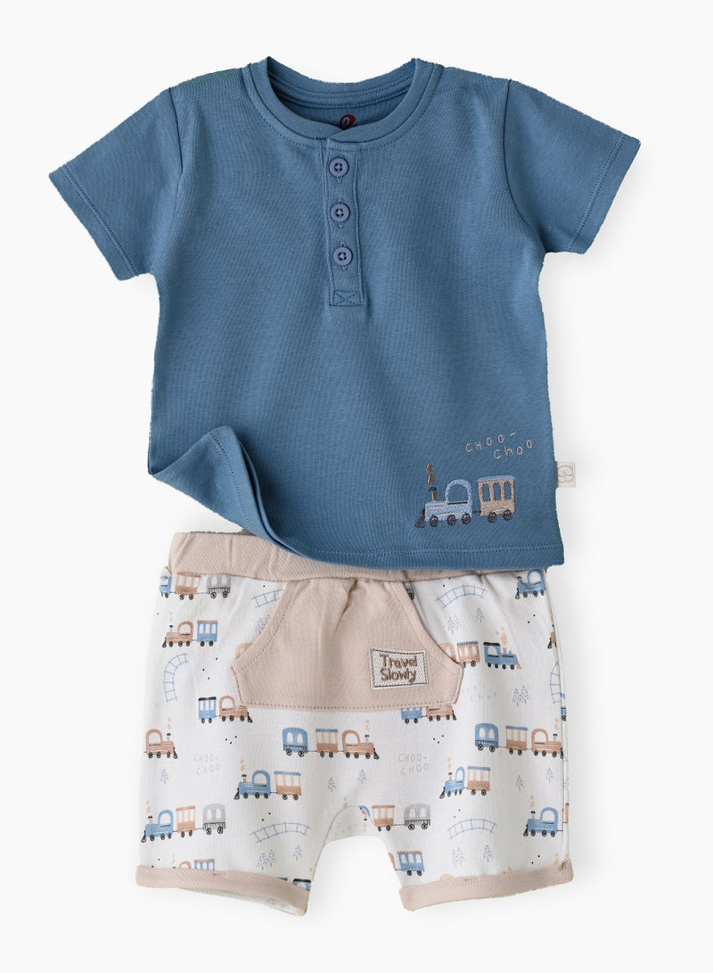 Elegant Kids Boys' Blue Choo Choo Train Embroidered Cotton T-Shirt & Shorts Set  - Image 1