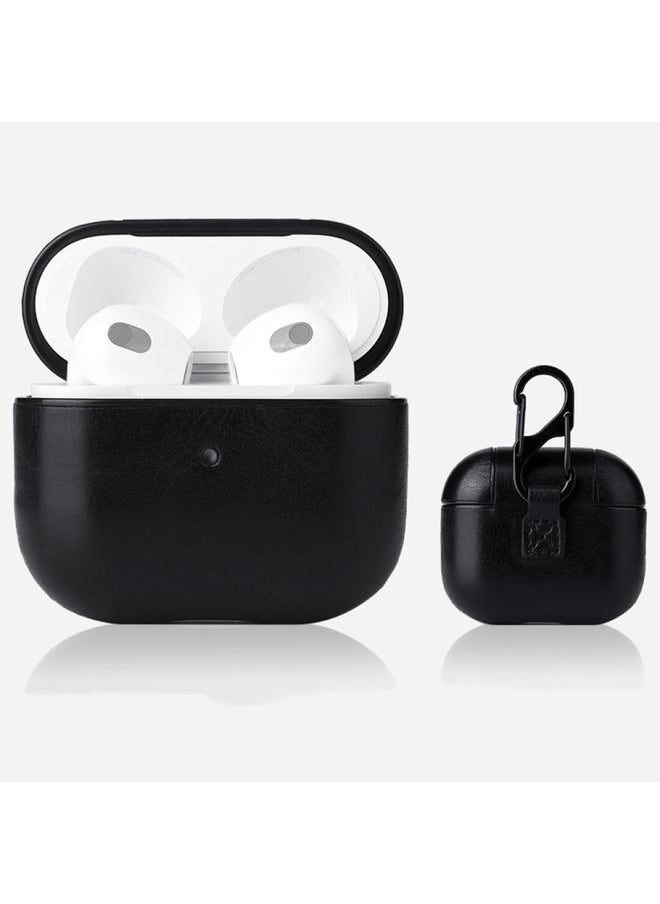 Generic - Case Cover Crazy Horse Texture Earphone Protective Case with Hang Buckle For AirPods 3 Black - Image 1