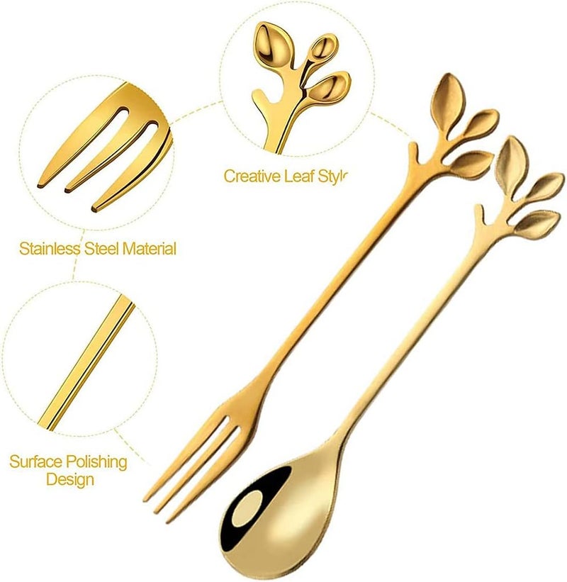 Stainless Steel Gold Leaf Coffee Spoon Appetizer Fork Creative Tableware Dessert Spoons, Stirring, Mixing, Sugar, Stir, Ice Cream, Fruit, Cake, Teaspoon Set 10 Piece - Image 2