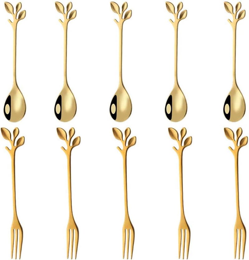 Stainless Steel Gold Leaf Coffee Spoon Appetizer Fork Creative Tableware Dessert Spoons, Stirring, Mixing, Sugar, Stir, Ice Cream, Fruit, Cake, Teaspoon Set 10 Piece - Image 1