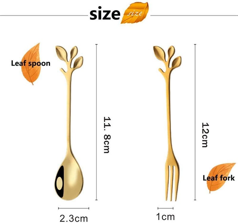 Stainless Steel Gold Leaf Coffee Spoon Appetizer Fork Creative Tableware Dessert Spoons, Stirring, Mixing, Sugar, Stir, Ice Cream, Fruit, Cake, Teaspoon Set 10 Piece - Image 5