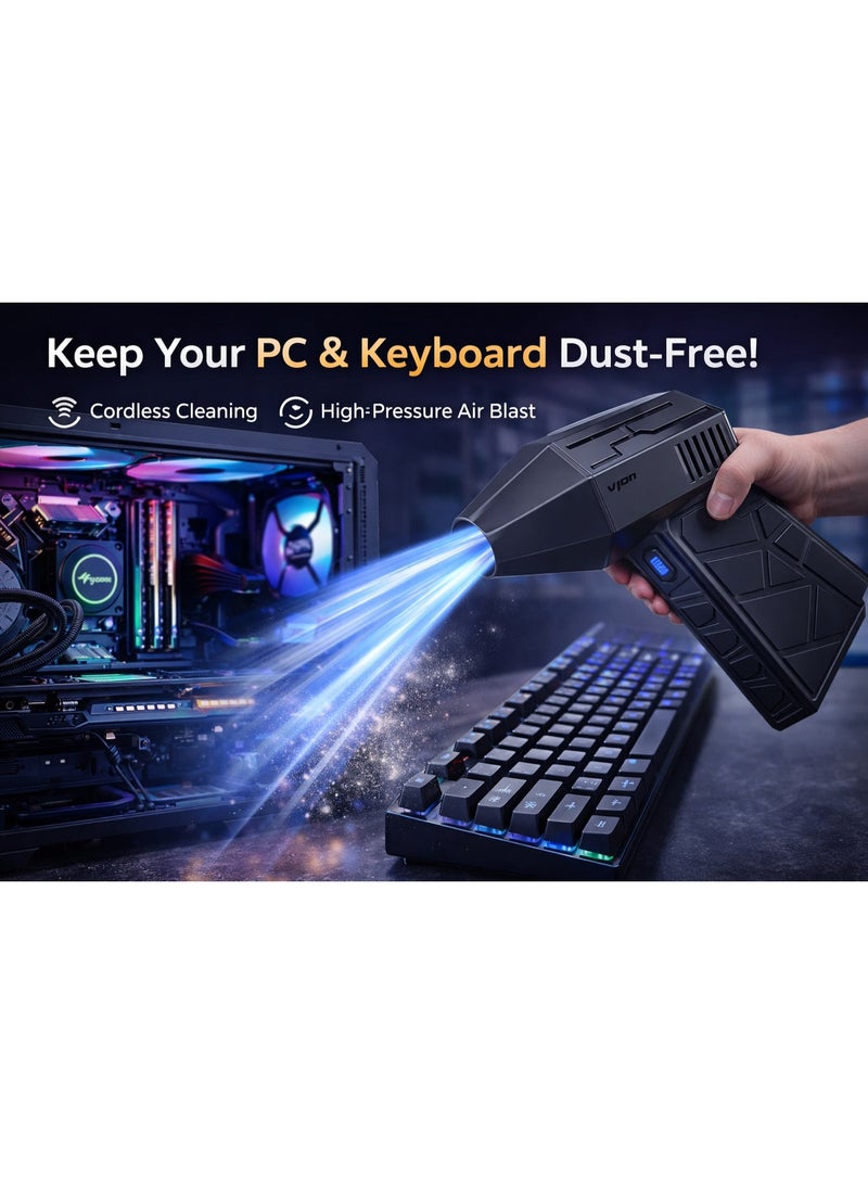 منفاخ هواء كهربائي، منفاخ هواء مضغوط لاسلكي بسرعة رياح 35 م/ث بتقنية Turbo Jet، قابل لإعادة الشحن عبر USB-C، منظف لوحة مفاتيح للكمبيوتر والسيارة لإزالة الغبار والرمال وشعر الحيوانات الأليفة - Image 2