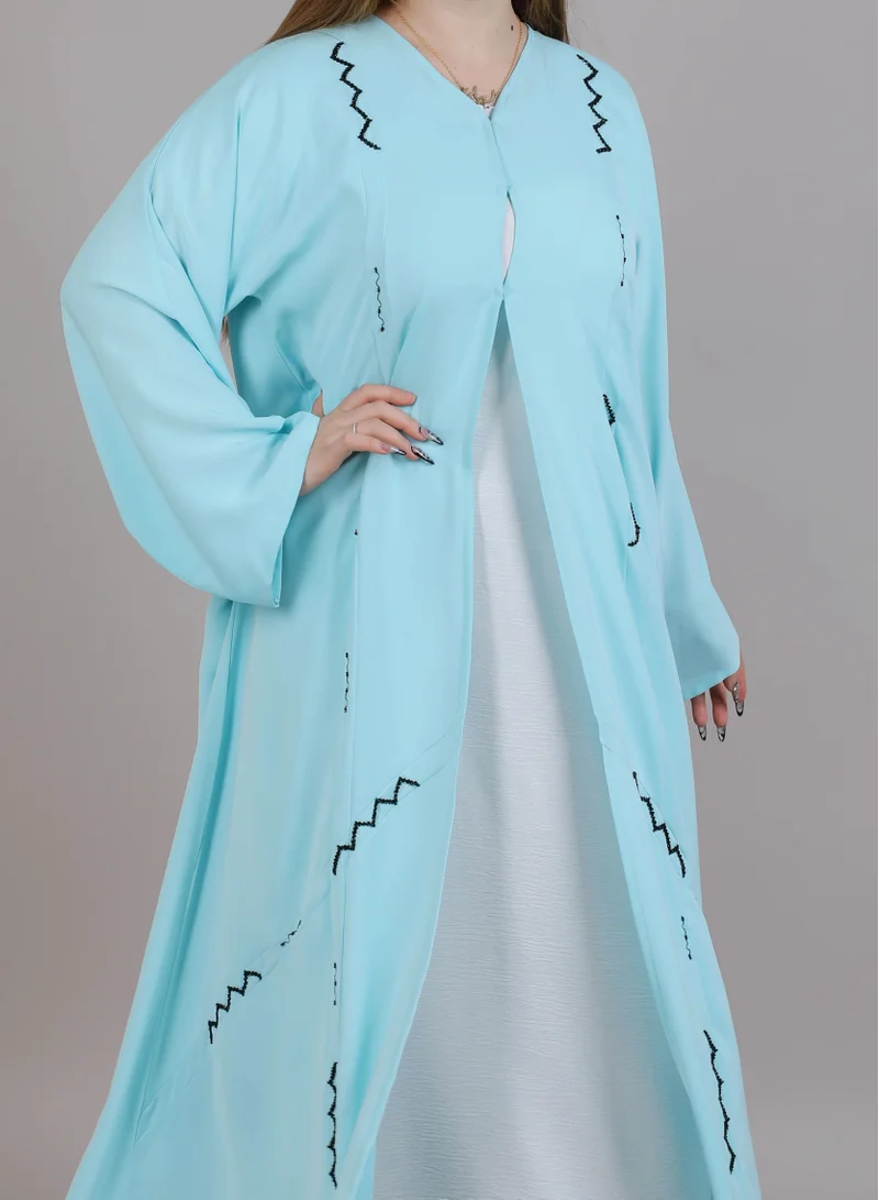 MSquare Fashion  Embroidered Turquoise V Neck Open Abaya With Headscarf for Women | Best Price UAE
