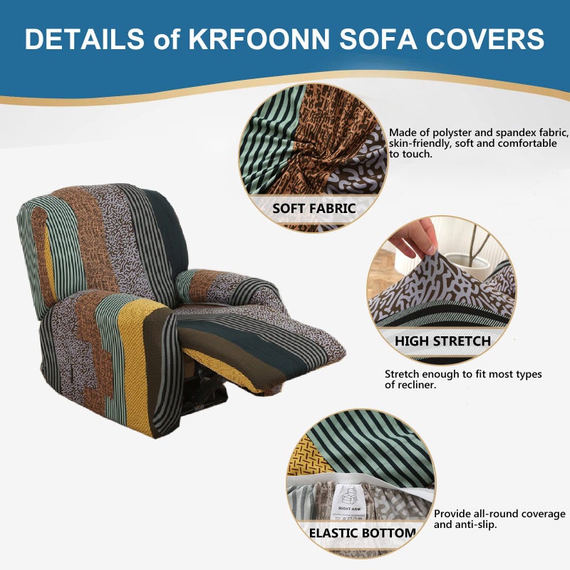 KRFOONN Recliner Slipcovers Printed Stretch Sofa Cover 4-Piece Lazy Boy Chair Covers Furniture Protector Leather Recliner Chair Cover with Side Pocket for Rocking Recliner, B20 - Image 2