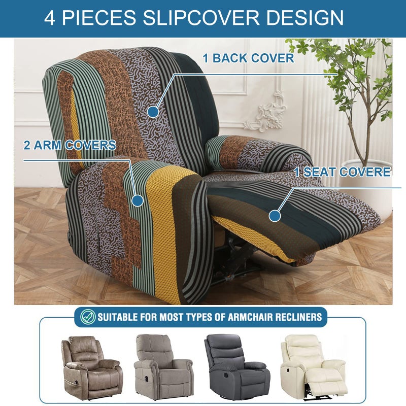 KRFOONN Recliner Slipcovers Printed Stretch Sofa Cover 4-Piece Lazy Boy Chair Covers Furniture Protector Leather Recliner Chair Cover with Side Pocket for Rocking Recliner, B20 - Image 3