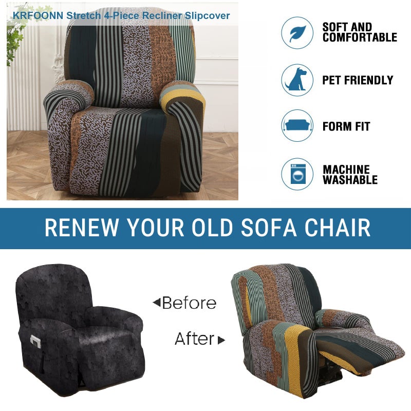 KRFOONN Recliner Slipcovers Printed Stretch Sofa Cover 4-Piece Lazy Boy Chair Covers Furniture Protector Leather Recliner Chair Cover with Side Pocket for Rocking Recliner, B20 - Image 4