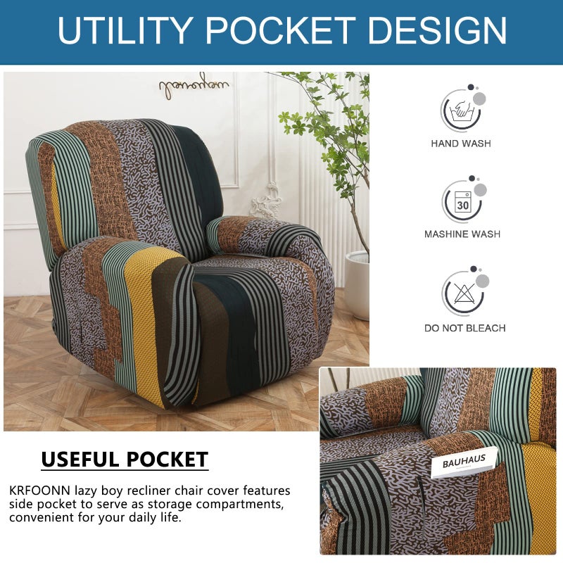 KRFOONN Recliner Slipcovers Printed Stretch Sofa Cover 4-Piece Lazy Boy Chair Covers Furniture Protector Leather Recliner Chair Cover with Side Pocket for Rocking Recliner, B20 - Image 5