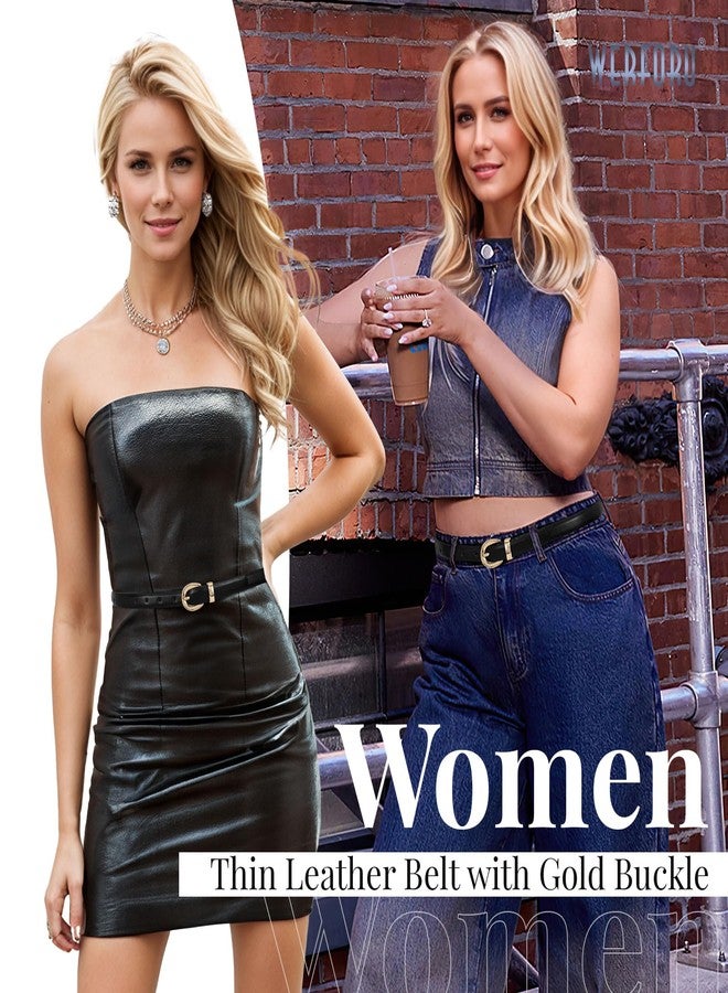 WERFORU Women Leather Belt for Jeans Pants Thin Belts for Women Fashion Waist Belt with Gold Buckle,B-Black-Gold,Fit Waist Size 26-30 Inches - Image 3