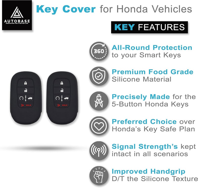 Autobase Silicone Key Fob Cover for Honda Civic Accord HR-V CR-V Pilot - 2 Pcs (Black) - Image 3