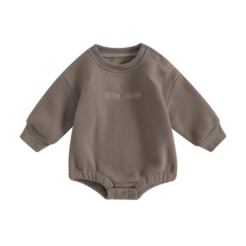 allshope Newborn Baby Boy Fall Outfit Romper Little Dude Embroidery Long Sleeve Jumpsuit Bodysuit Infant Winter Clothes (Winter Mocha, 0-3 Months) - Image 1