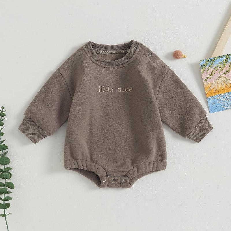 allshope Newborn Baby Boy Fall Outfit Romper Little Dude Embroidery Long Sleeve Jumpsuit Bodysuit Infant Winter Clothes (Winter Mocha, 0-3 Months) - Image 2