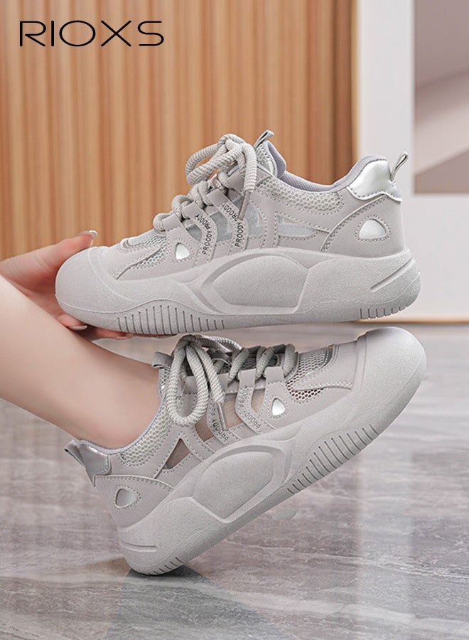 ريوكس أحذية رياضية نسائية غير رسمية، أحذية رياضية ذات نعل سميك وشبكة قابلة للتنفس، أحذية رياضية غير رسمية خفيفة الوزن ومضادة للانزلاق، أحذية أنيقة للسيدات ذات مقدمة مستديرة للمشي، أحذية رياضية كلاسيكية برباط، أحذية رياضية مريحة للسيدات للتمارين الرياضية/العمل/الخروج/الارتداء اليومي، رمادية - Image 2