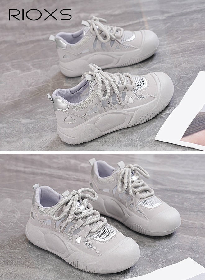 ريوكس أحذية رياضية نسائية غير رسمية، أحذية رياضية ذات نعل سميك وشبكة قابلة للتنفس، أحذية رياضية غير رسمية خفيفة الوزن ومضادة للانزلاق، أحذية أنيقة للسيدات ذات مقدمة مستديرة للمشي، أحذية رياضية كلاسيكية برباط، أحذية رياضية مريحة للسيدات للتمارين الرياضية/العمل/الخروج/الارتداء اليومي، رمادية - Image 4