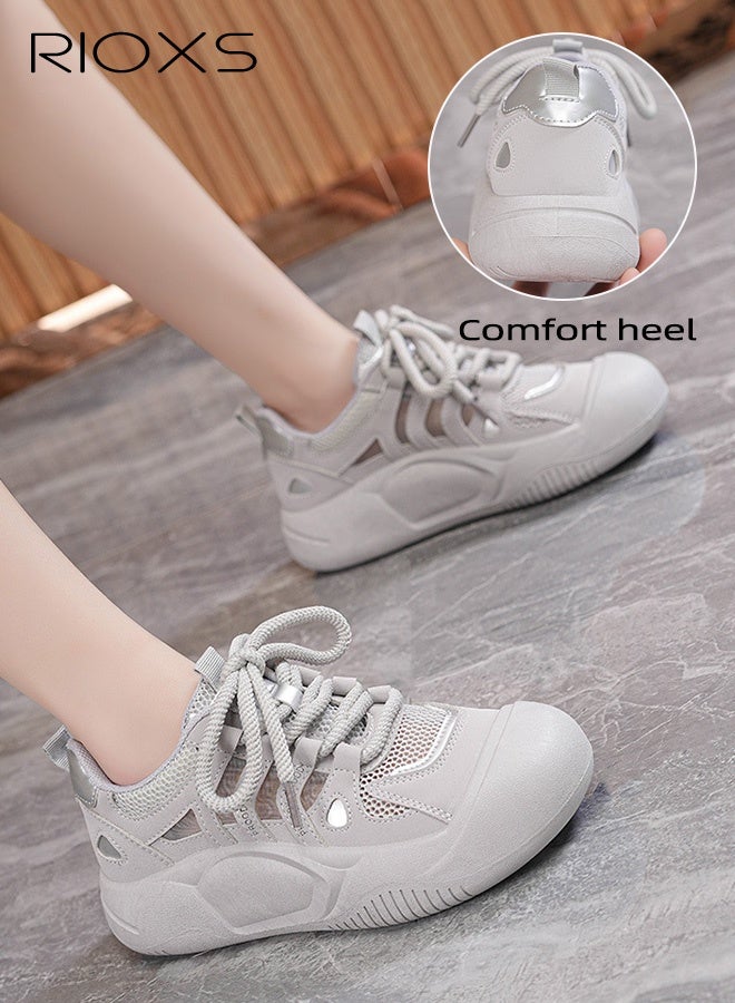 ريوكس أحذية رياضية نسائية غير رسمية، أحذية رياضية ذات نعل سميك وشبكة قابلة للتنفس، أحذية رياضية غير رسمية خفيفة الوزن ومضادة للانزلاق، أحذية أنيقة للسيدات ذات مقدمة مستديرة للمشي، أحذية رياضية كلاسيكية برباط، أحذية رياضية مريحة للسيدات للتمارين الرياضية/العمل/الخروج/الارتداء اليومي، رمادية - Image 3