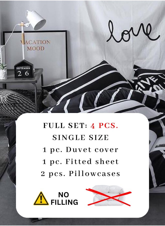LUNA Home - 4 Piece Striped Single Size Duvet Cover Set. Black and White Reversible Bedding Set. - Image 1
