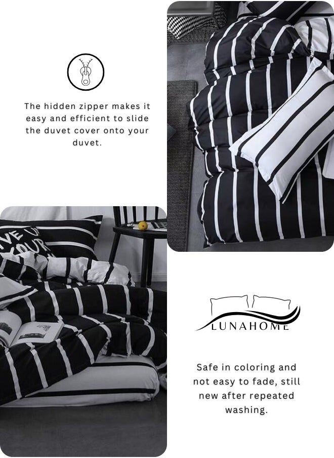 LUNA Home - 4 Piece Striped Single Size Duvet Cover Set. Black and White Reversible Bedding Set. - Image 1