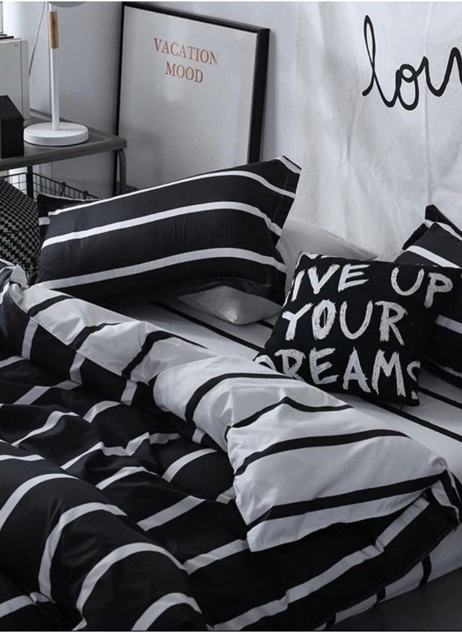 LUNA Home - 4 Piece Striped Single Size Duvet Cover Set. Black and White Reversible Bedding Set. - Image 1