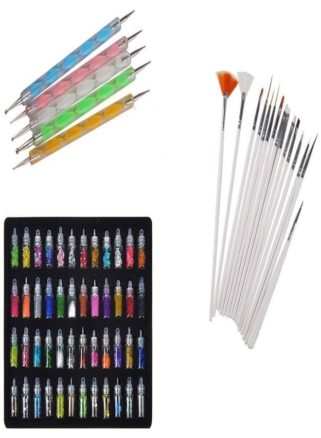 FOK 48 Bottles 3d Nail Art Set, 5Pc Double Side Dotting Pen, 15Pcs Nail Art Brush Decoration Tool - Combo 68Pcs - Image 1
