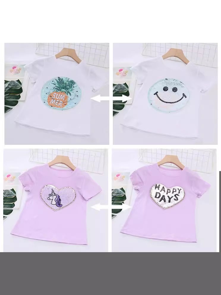 2024 Girl'S Sequin T-Shirt Reversible Color Change T-Shirt Short Sleeve Cotton Half Sleeve Top Pony Unicorn - Image 5