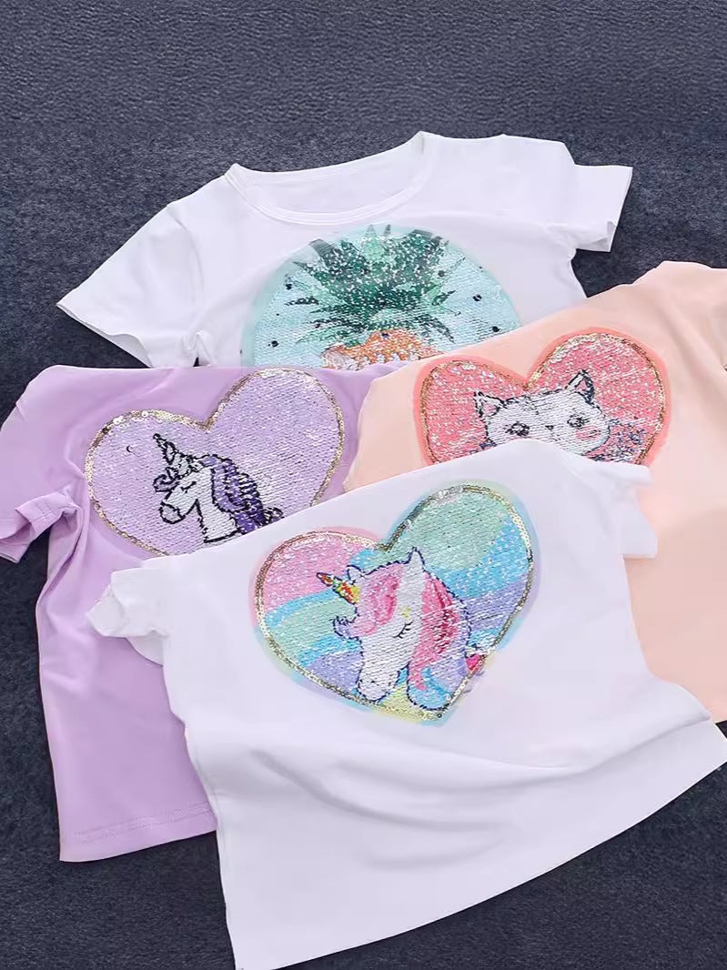 2024 Girl'S Sequin T-Shirt Reversible Color Change T-Shirt Short Sleeve Cotton Half Sleeve Top Pony Unicorn - Image 2