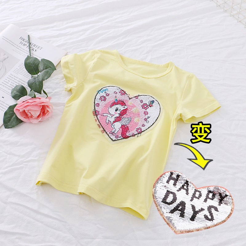 2024 Girl'S Sequin T-Shirt Reversible Color Change T-Shirt Short Sleeve Cotton Half Sleeve Top Pony Unicorn - Image 1