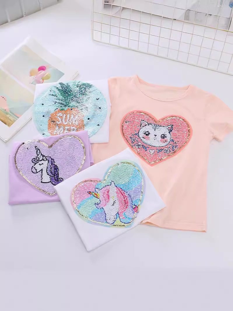 2024 Girl'S Sequin T-Shirt Reversible Color Change T-Shirt Short Sleeve Cotton Half Sleeve Top Pony Unicorn - Image 4