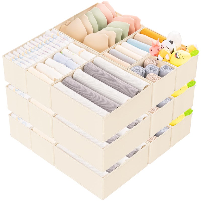 Criusia 15 Pack Drawer Organizer for Clothes, Foldable Dresser Dividers with 3 Sizes, Fabric Storage Bins â€“ Beige - Image 1
