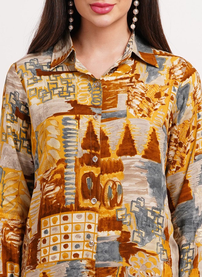 FIMS قميص مطبوع بتصميم تجريدي مع بنطلون بالازو - Image 2