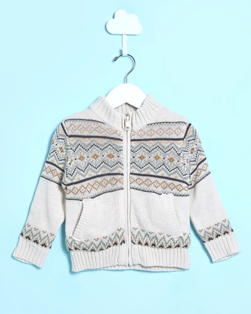 Redtag Infant Boys Beige Front Zip Sweater