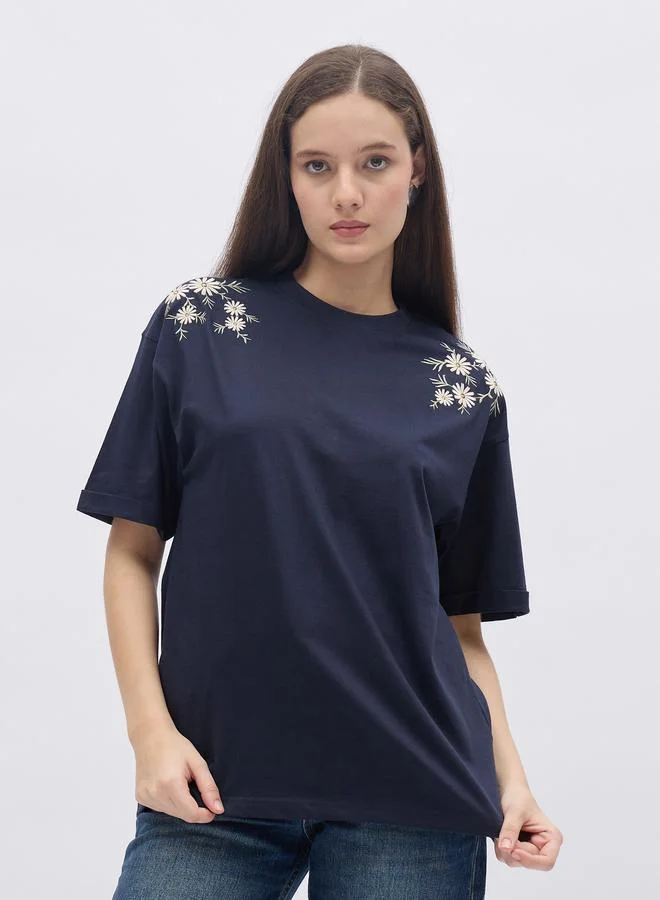Styli Styli Oversized Placement Embroidery Detail Cotton T-Shirt